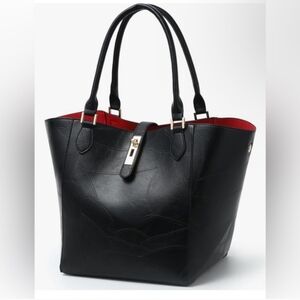 Women’s Black Faux Leather Tote Bag with Red Interior